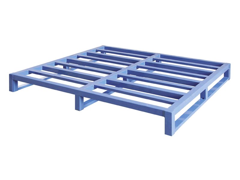Flat steel pallet used as a durable alternative to wooden pallets