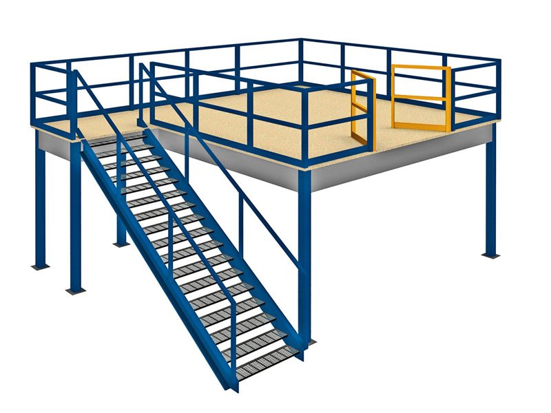Structural mezzanine floor with staircase in an industrial warehouse