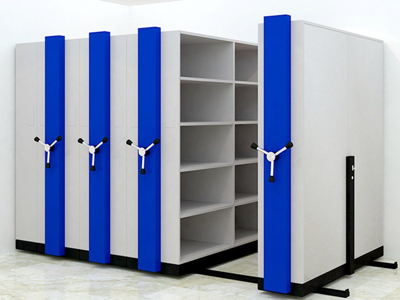 Mobile compactor racking system on wheeled carriages with an open access aisle