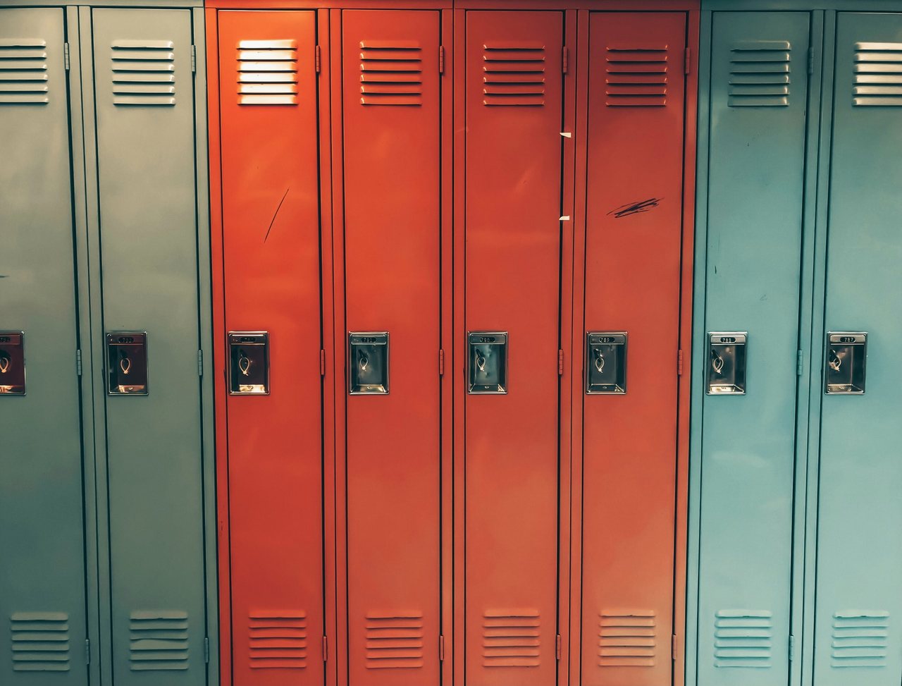 Row of coloured steel staff lockers