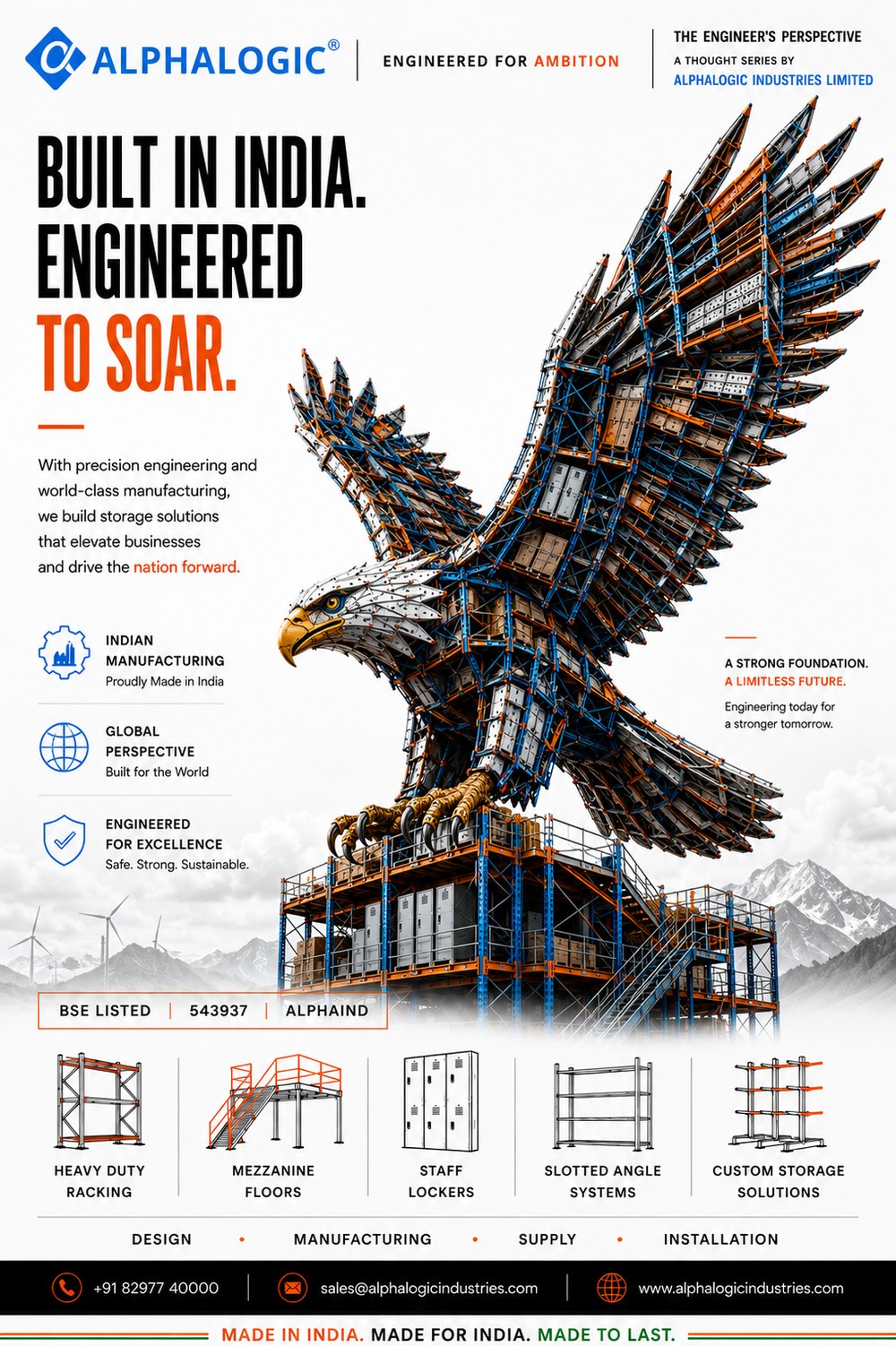 Alphalogic poster: an eagle built from industrial pallet racking, wings outstretched above a mountain skyline, symbolising precision engineering rising from a strong foundation