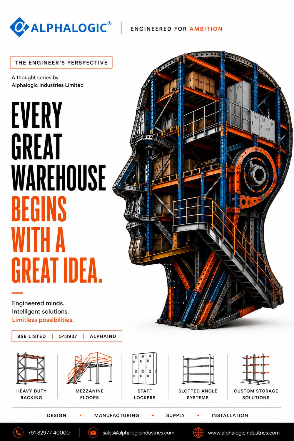 Alphalogic poster: a human head built from pallet racking, mezzanine and lockers