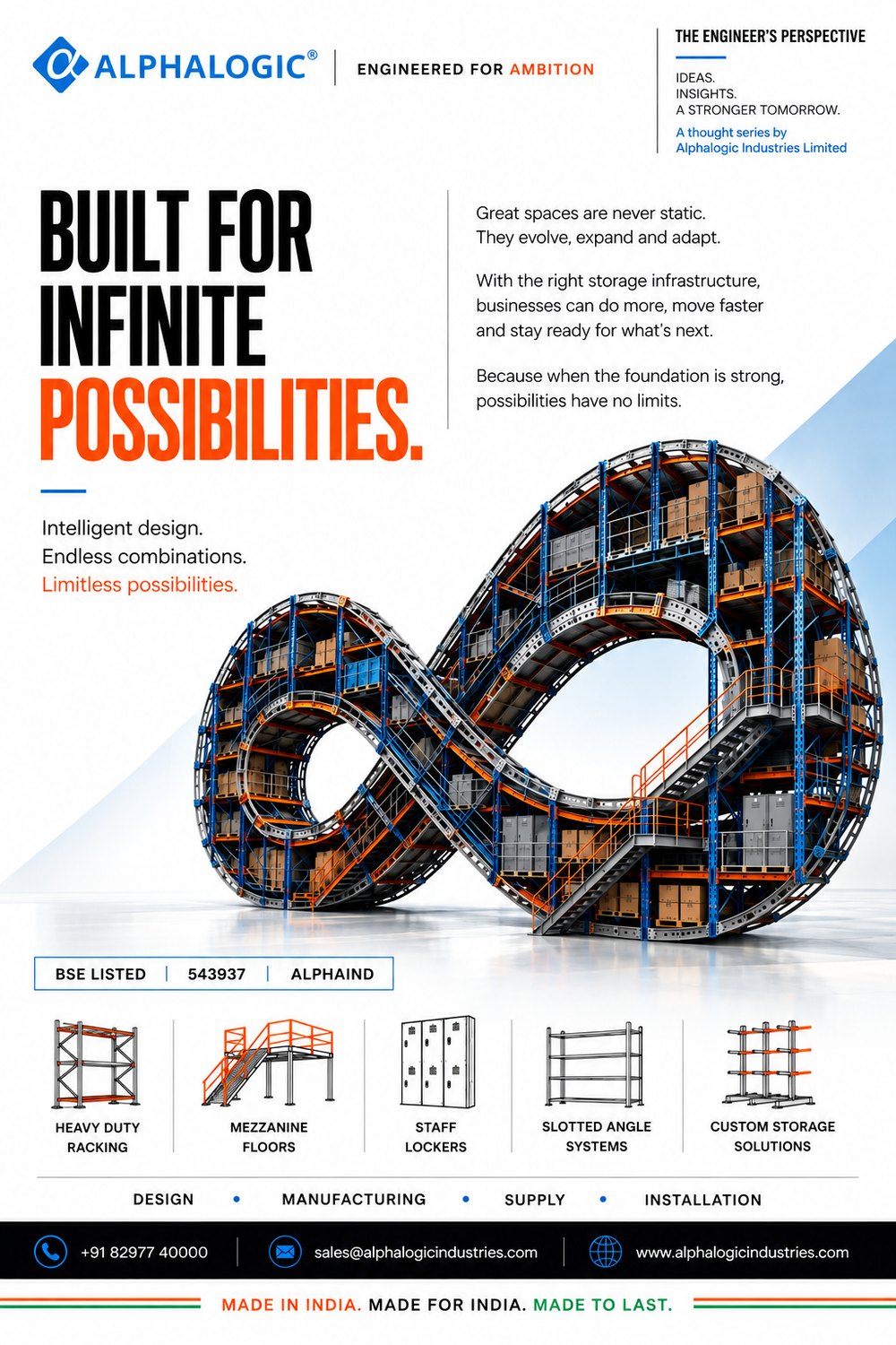 Alphalogic poster: an infinity symbol built from industrial pallet racking with staircases and pallets throughout, symbolising limitless possibilities within a well-engineered storage space