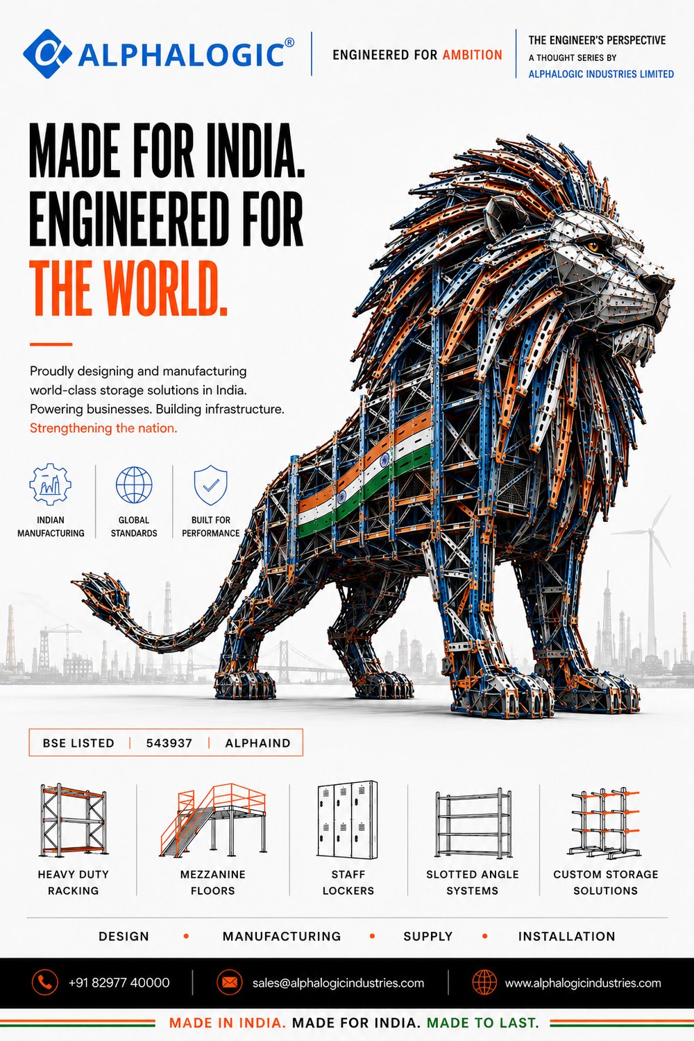 Alphalogic poster: a lion built from industrial pallet racking, with the Indian tricolour running through its mane, symbolising Indian manufacturing engineered for the world