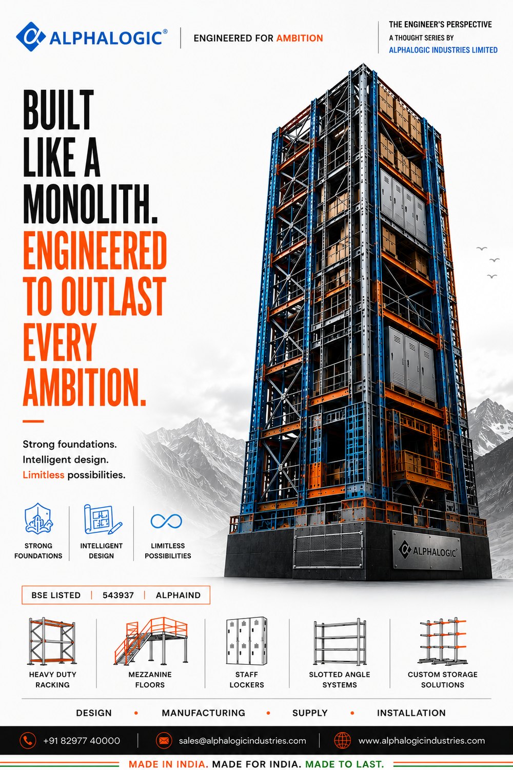 Alphalogic poster: a towering monolith built from industrial pallet racking rising above a mountain skyline, symbolising a storage system engineered to remain dependable as demands grow