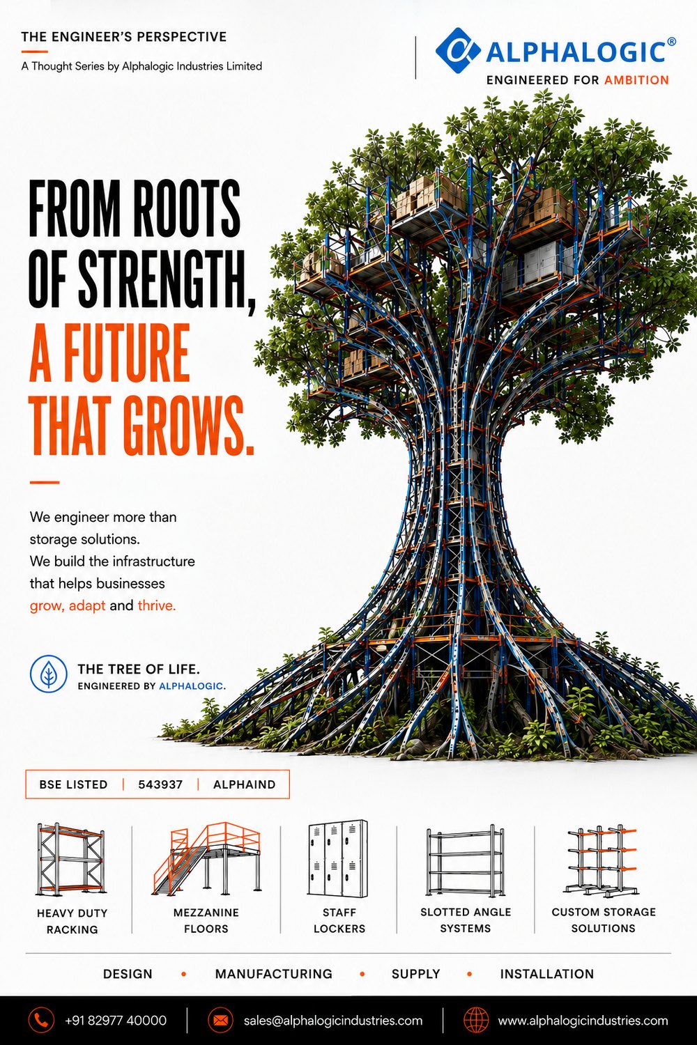 The Tree of Life by Alphalogic: industrial racking forming the roots and branches of a growing tree