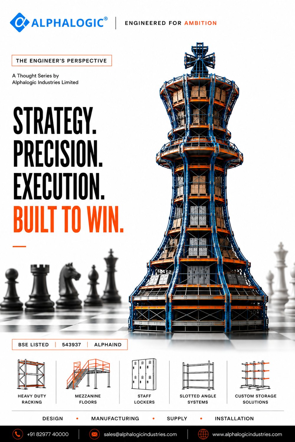Alphalogic poster: a chess king built from pallet racking on a chessboard
