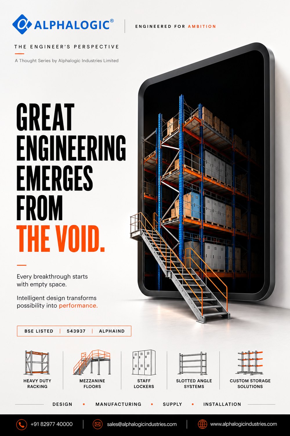 Alphalogic poster: a high-bay pallet racking and mezzanine system emerging from a dark void